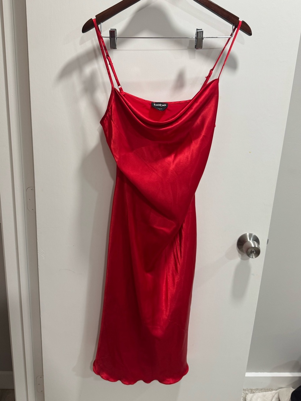 VTG Y2K Bebe Cherry Red Satin Cowl Neck Slip Dress
